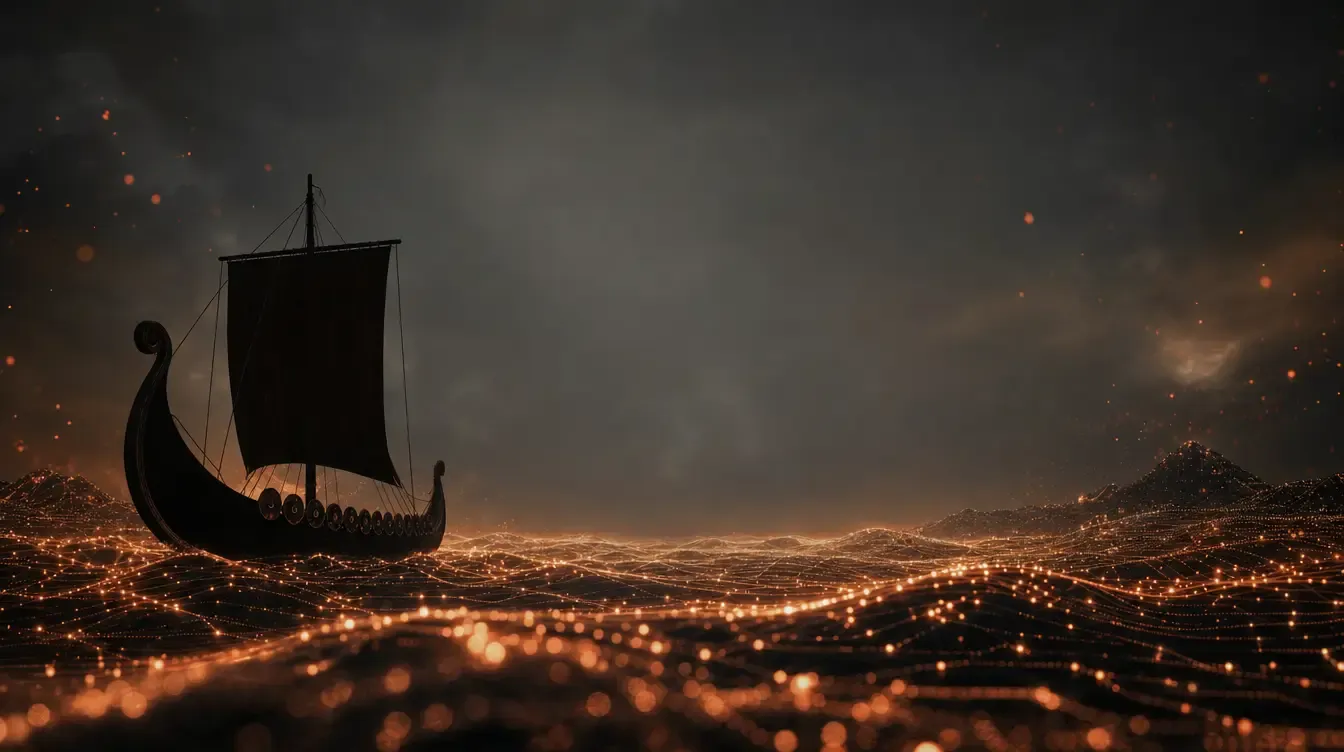 Drakkar naviguant sur une mer de données lumineuses