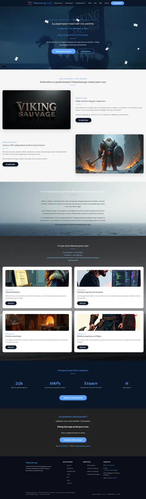Page d'accueil du site Gestion administrative de Viking Sauvage, courriers et démarches pour artisans