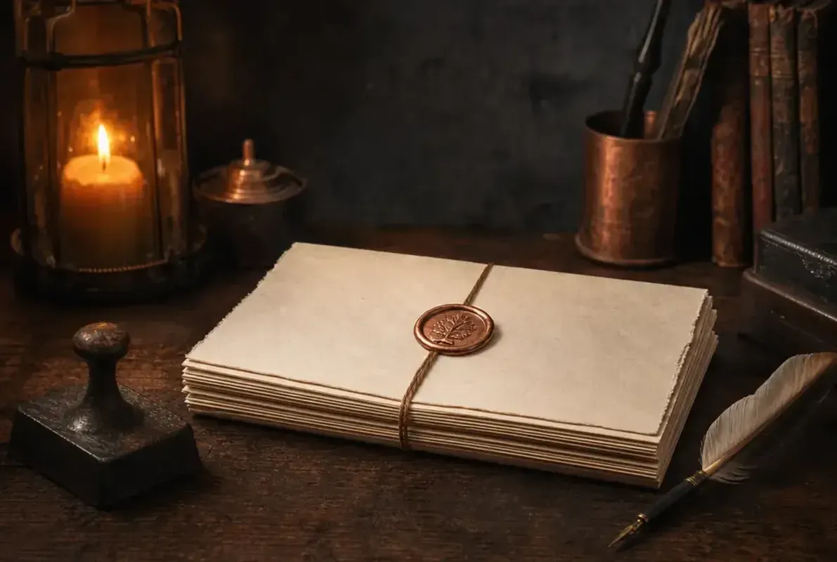 Documents scellés à la cire cuivrée sur un bureau en bois