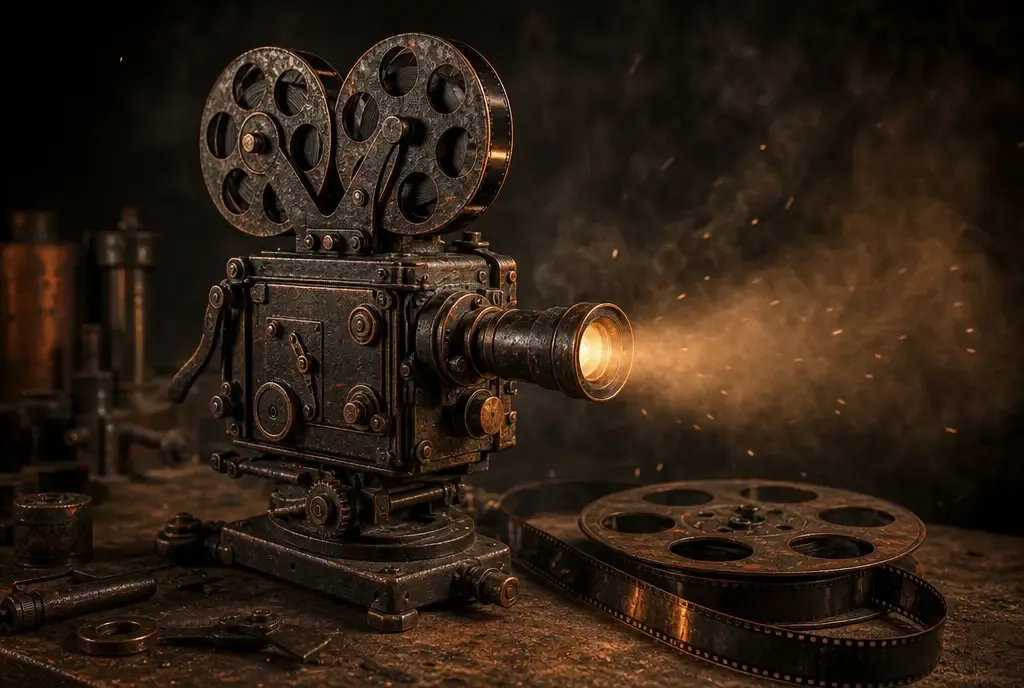 Caméra de cinéma en fer forgé sur un établi